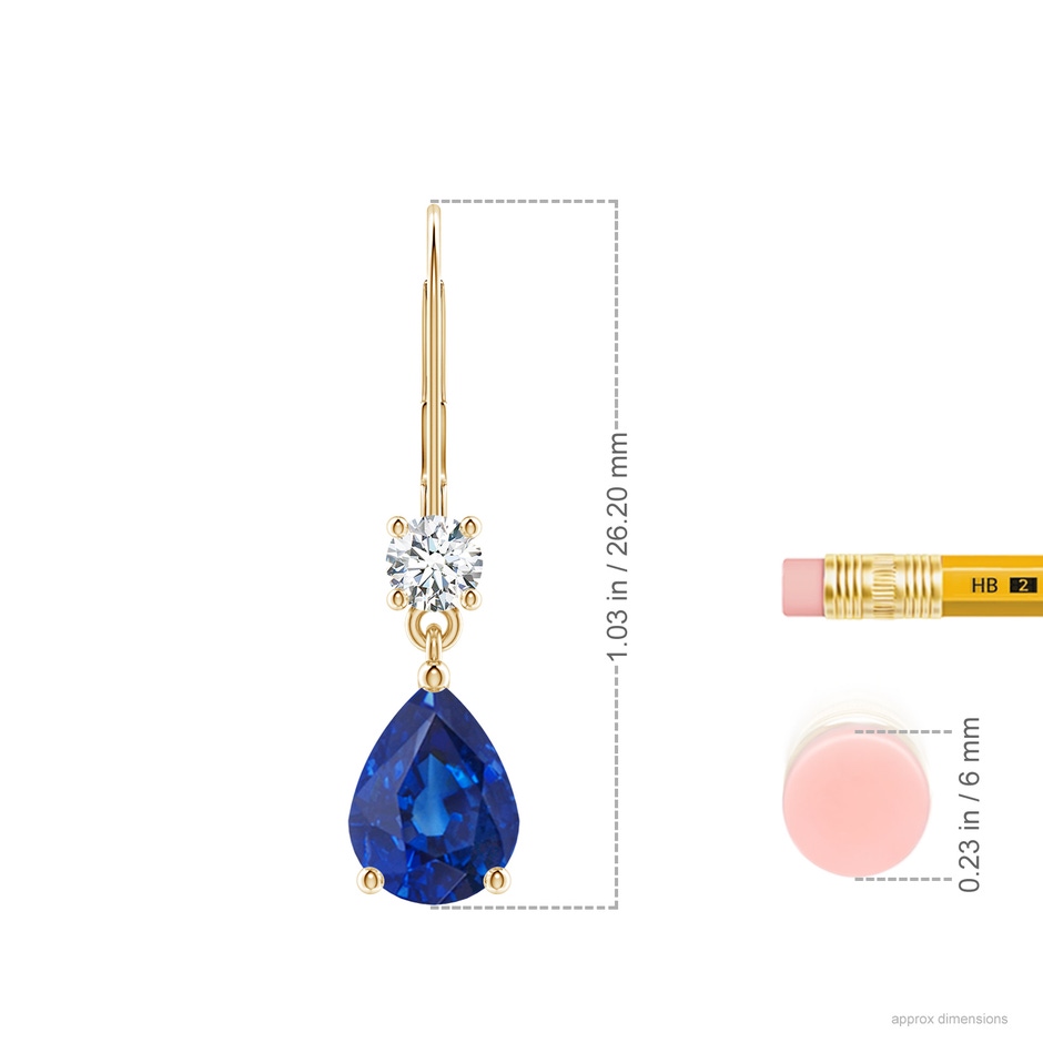 8x6mm AAA Pear Sapphire Leverback Drop Earrings with Diamond in Yellow Gold ruler