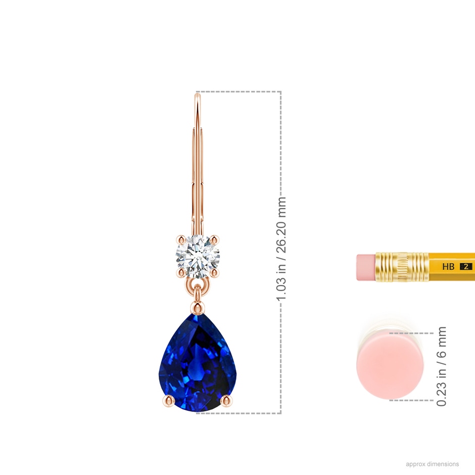 8x6mm AAAA Pear Sapphire Leverback Drop Earrings with Diamond in Rose Gold ruler