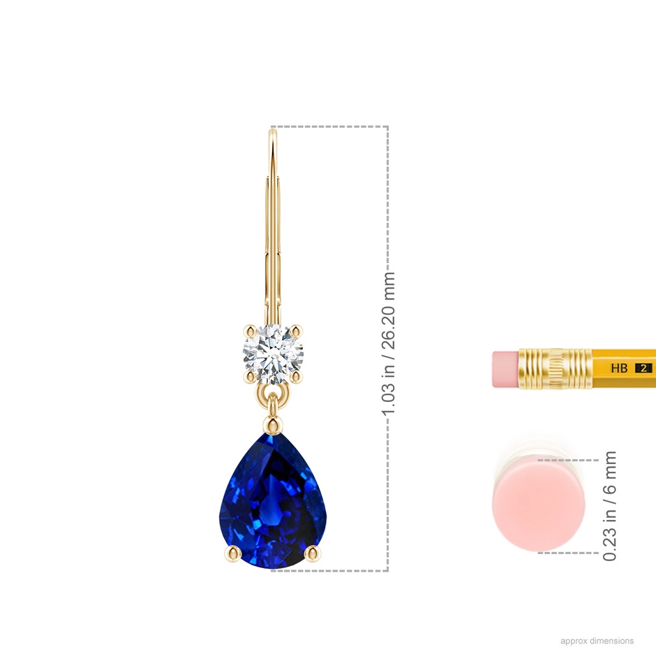 8x6mm Lab-Grown Pear Sapphire Leverback Drop Earrings with Diamond in Yellow Gold ruler