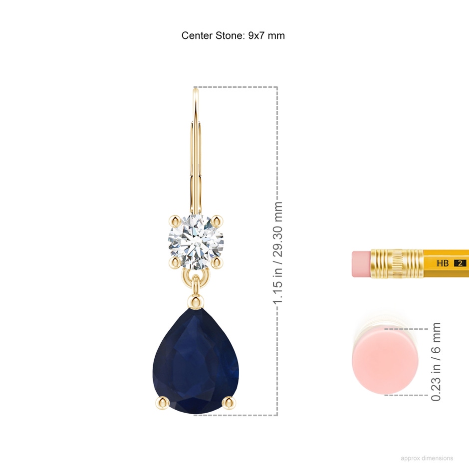 9x7mm A Pear Sapphire Leverback Drop Earrings with Diamond in Yellow Gold ruler