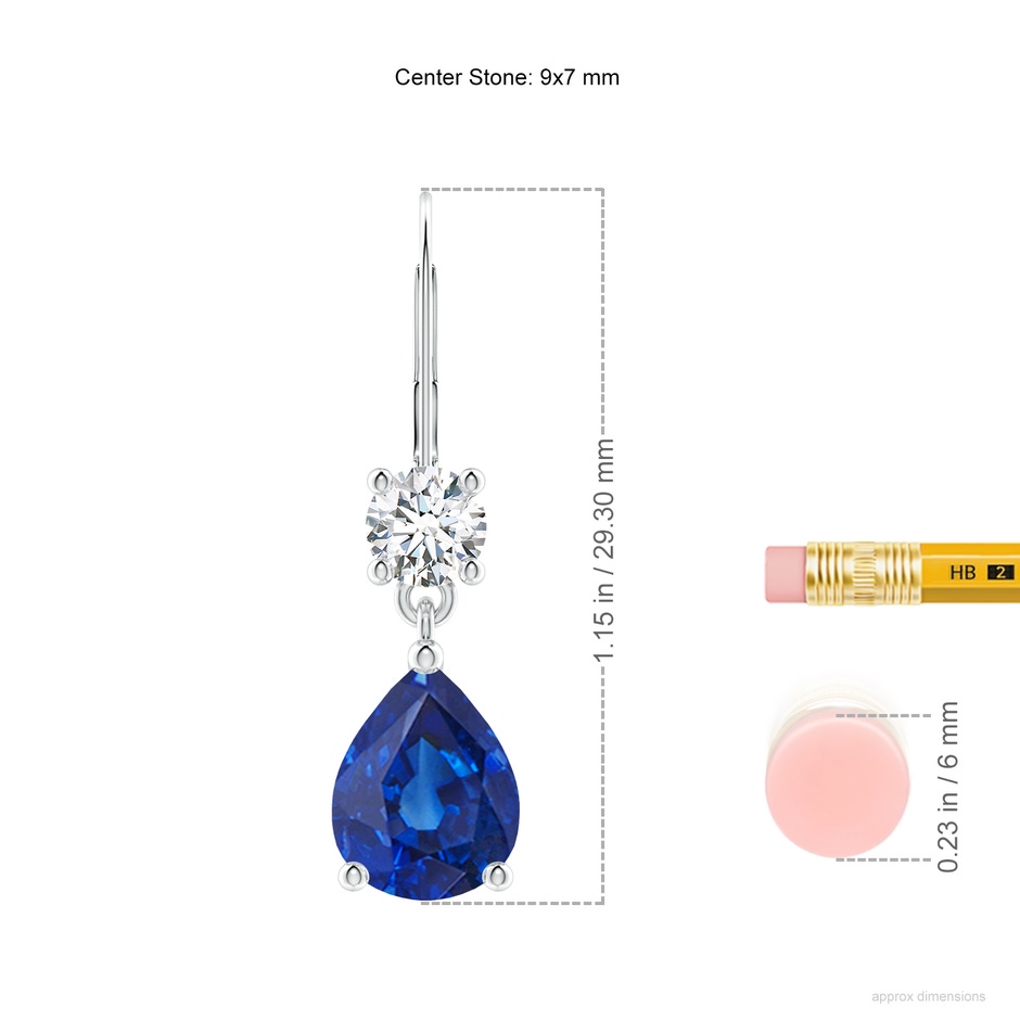9x7mm AAA Pear Sapphire Leverback Drop Earrings with Diamond in P950 Platinum ruler