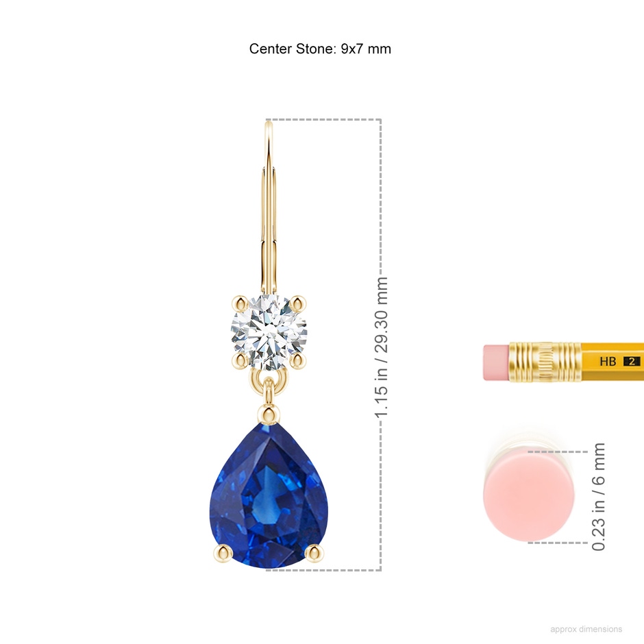9x7mm AAA Pear Sapphire Leverback Drop Earrings with Diamond in Yellow Gold ruler