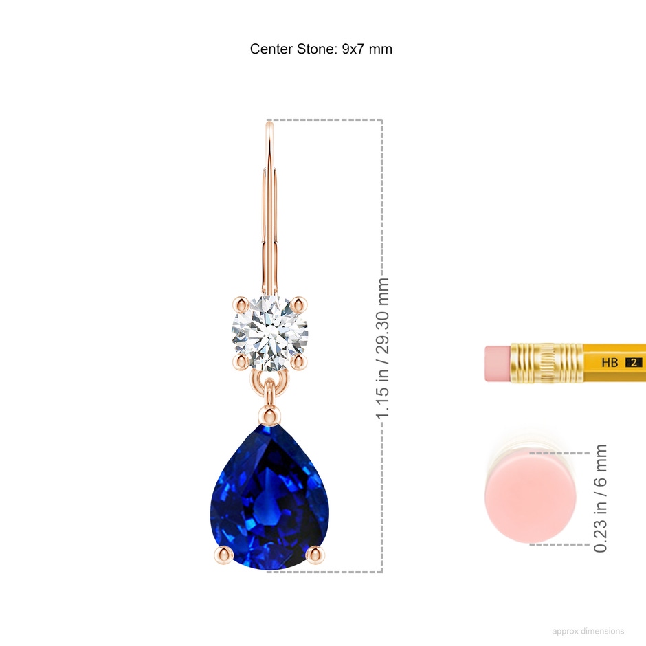 9x7mm AAAA Pear Sapphire Leverback Drop Earrings with Diamond in Rose Gold ruler