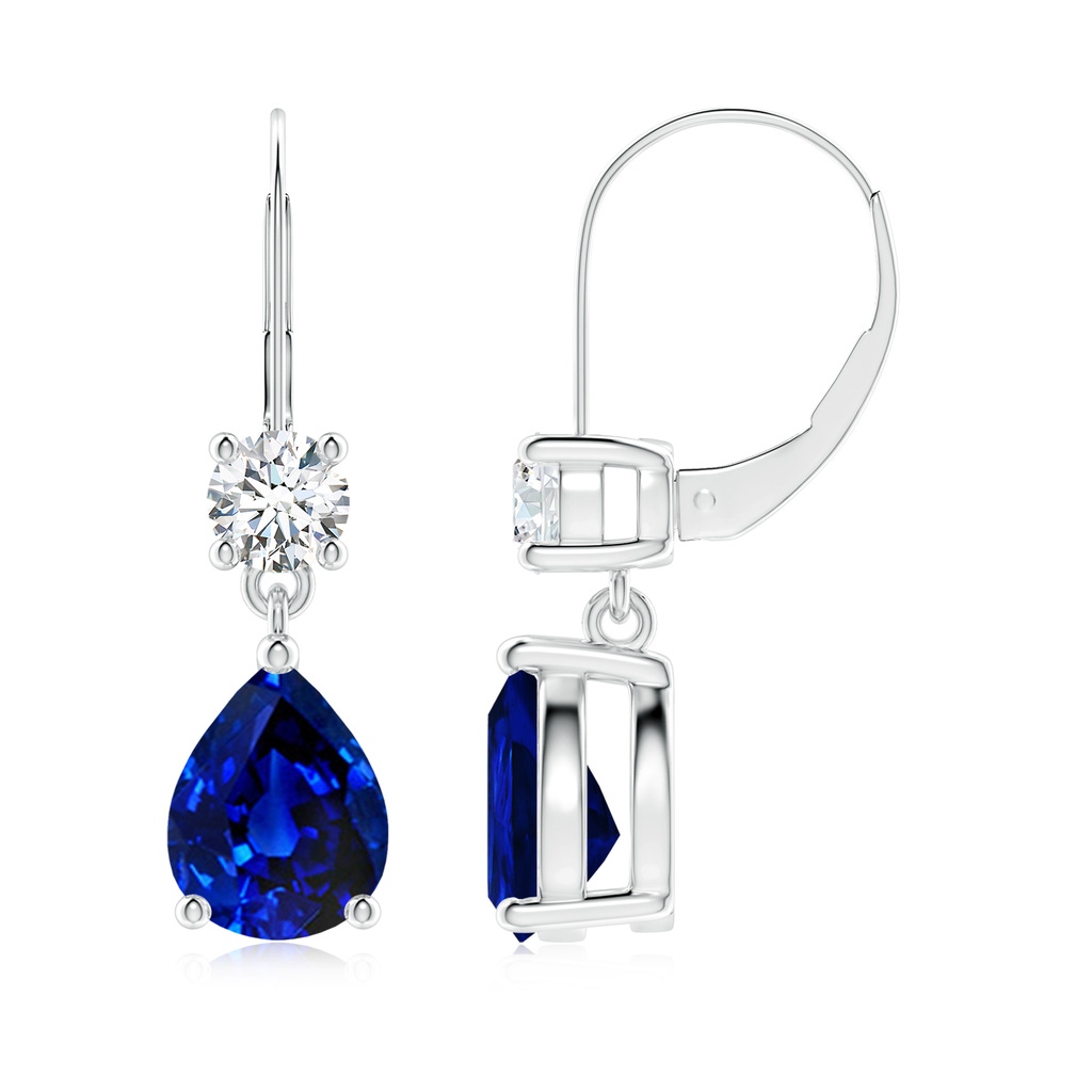 9x7mm Lab-Grown Pear Sapphire Leverback Drop Earrings with Diamond in White Gold