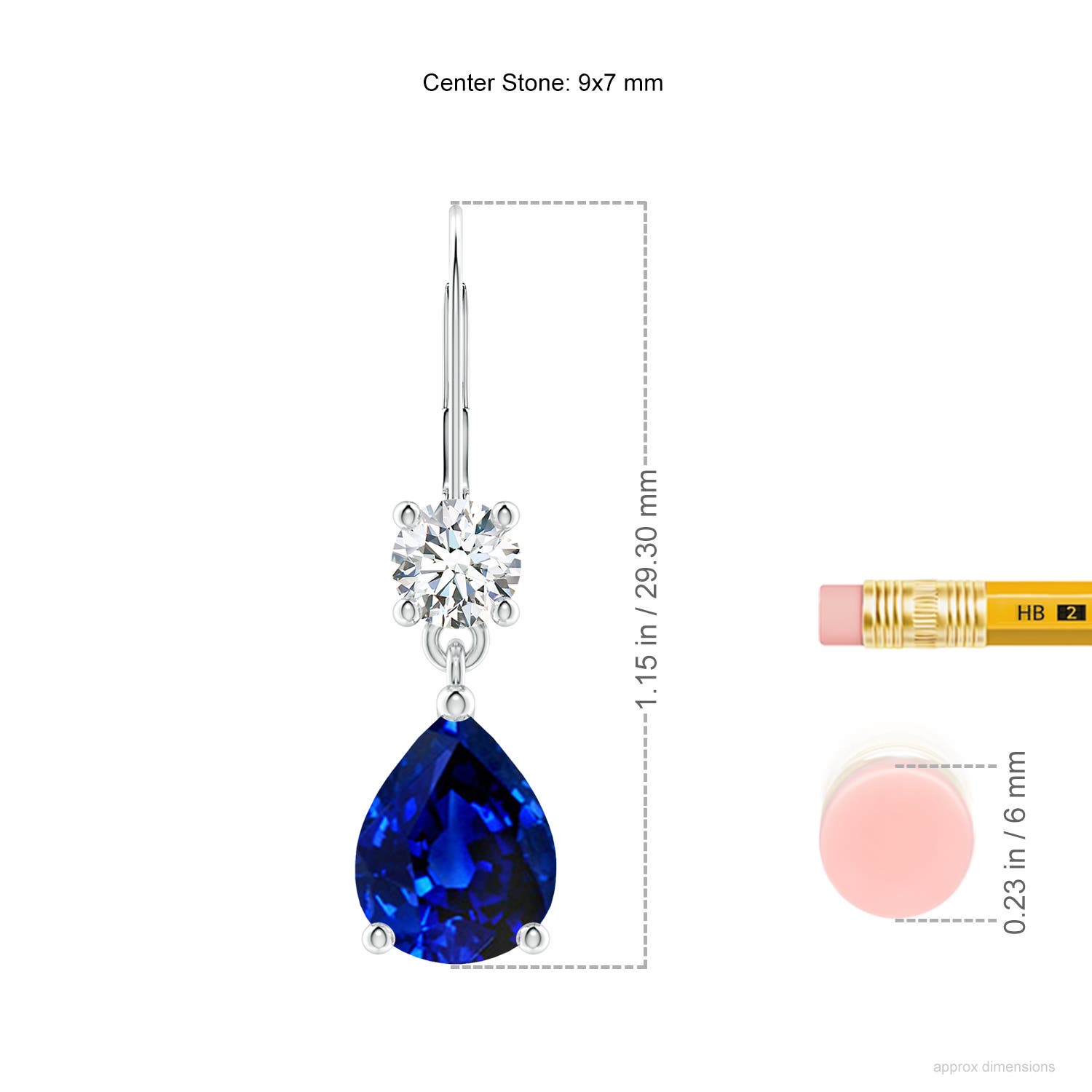 9x7mm AAAA Pear Sapphire Leverback Drop Earrings with Diamond in White Gold - ruler