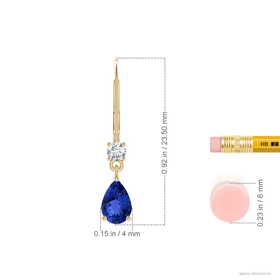 6x4mm AAA Pear Tanzanite Leverback Drop Earrings with Diamond in Yellow Gold ruler