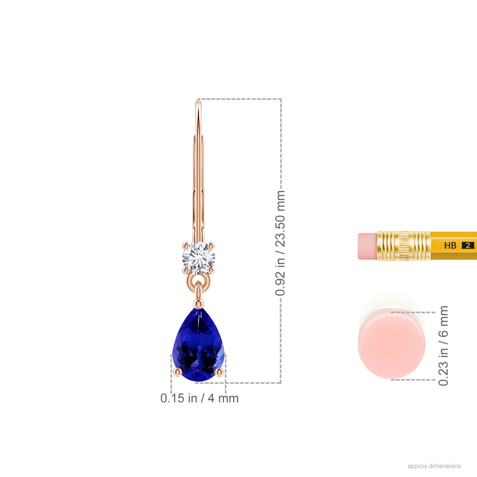 6x4mm AAAA Pear Tanzanite Leverback Drop Earrings with Diamond in Rose Gold ruler