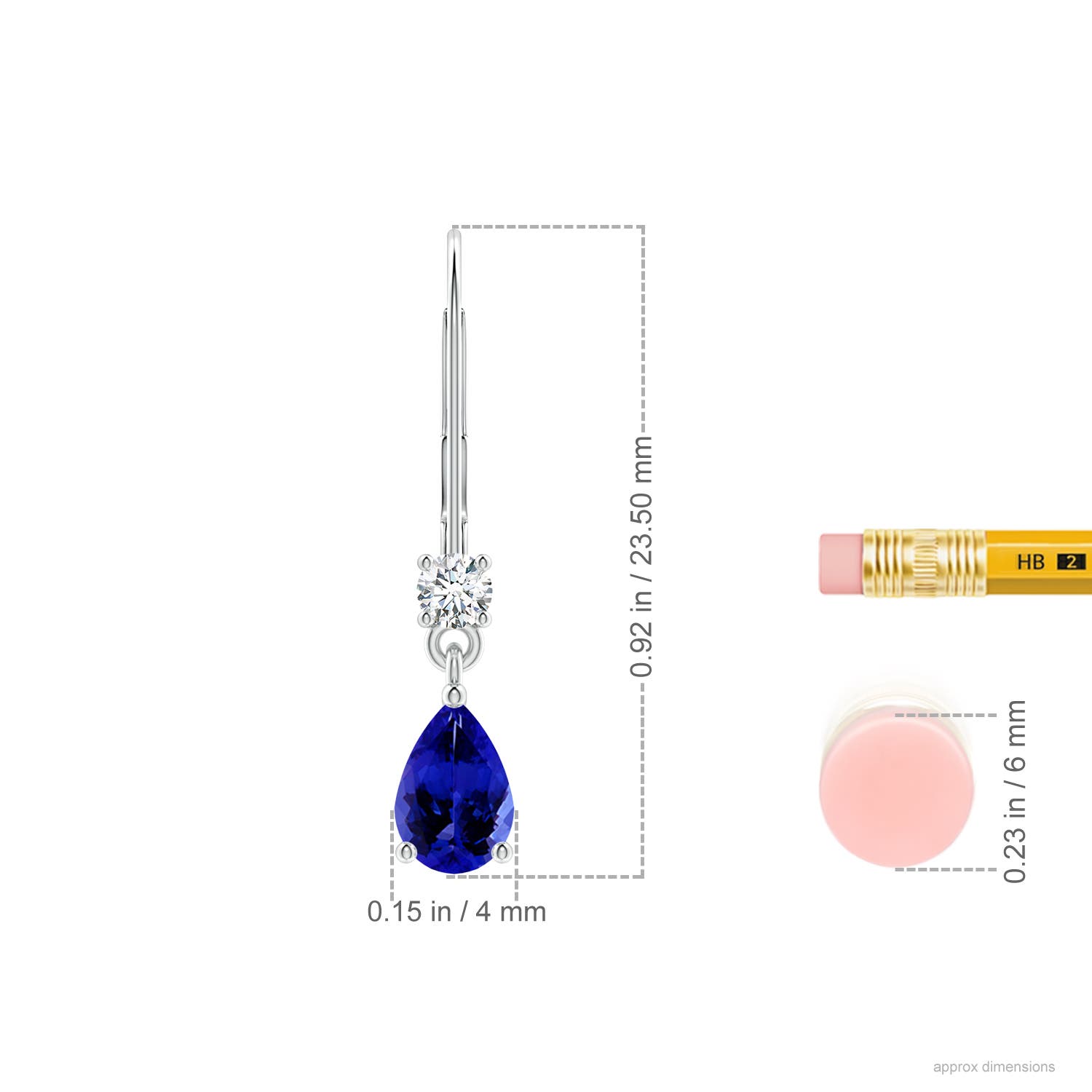 6x4mm AAAA Pear Tanzanite Leverback Drop Earrings with Diamond in White Gold - ruler