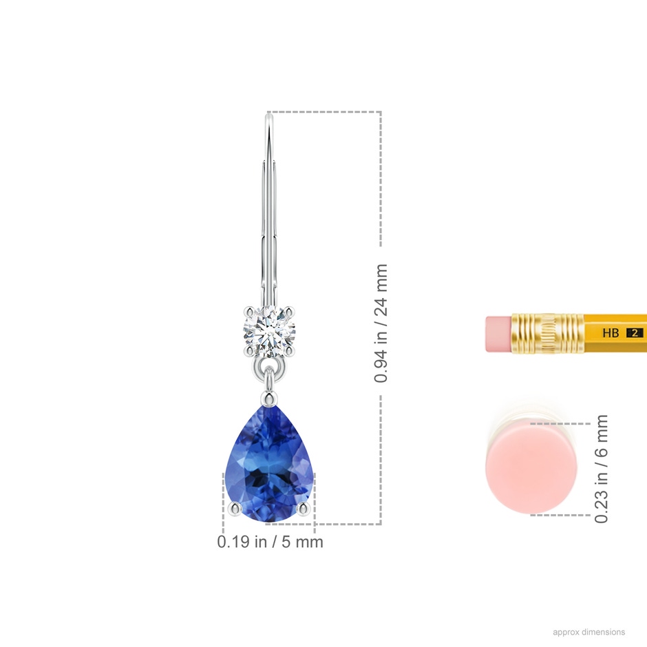 7x5mm AA Pear Tanzanite Leverback Drop Earrings with Diamond in White Gold ruler