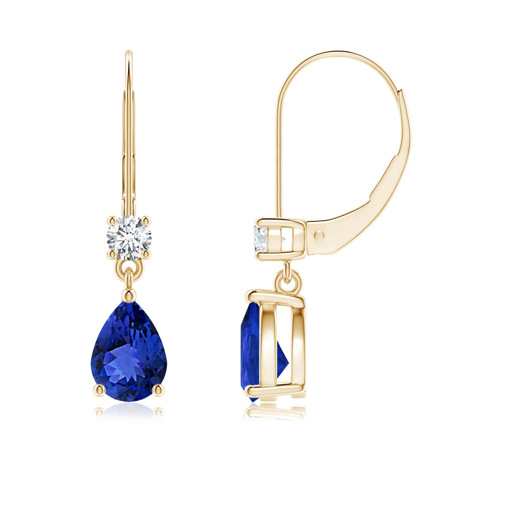 7x5mm AAA Pear Tanzanite Leverback Drop Earrings with Diamond in Yellow Gold