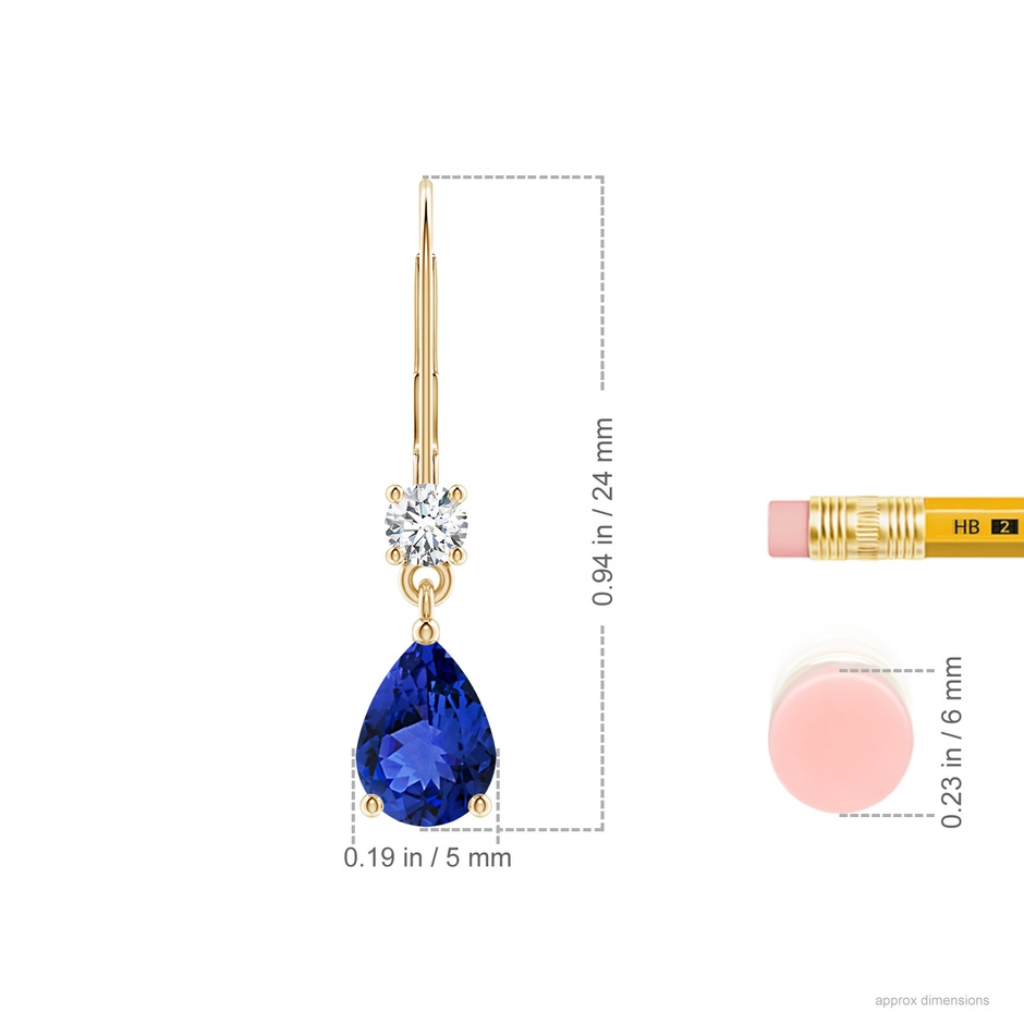 7x5mm AAA Pear Tanzanite Leverback Drop Earrings with Diamond in Yellow Gold ruler