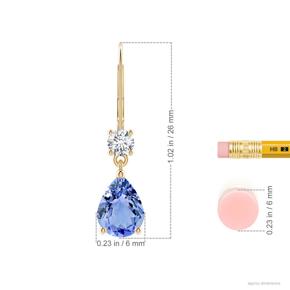 8x6mm A Pear Tanzanite Leverback Drop Earrings with Diamond in Yellow Gold ruler