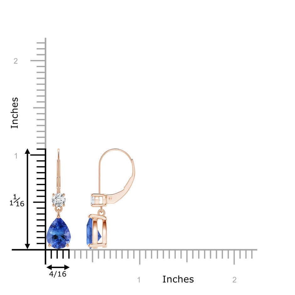 8x6mm AA Pear Tanzanite Leverback Drop Earrings with Diamond in Rose Gold ruler