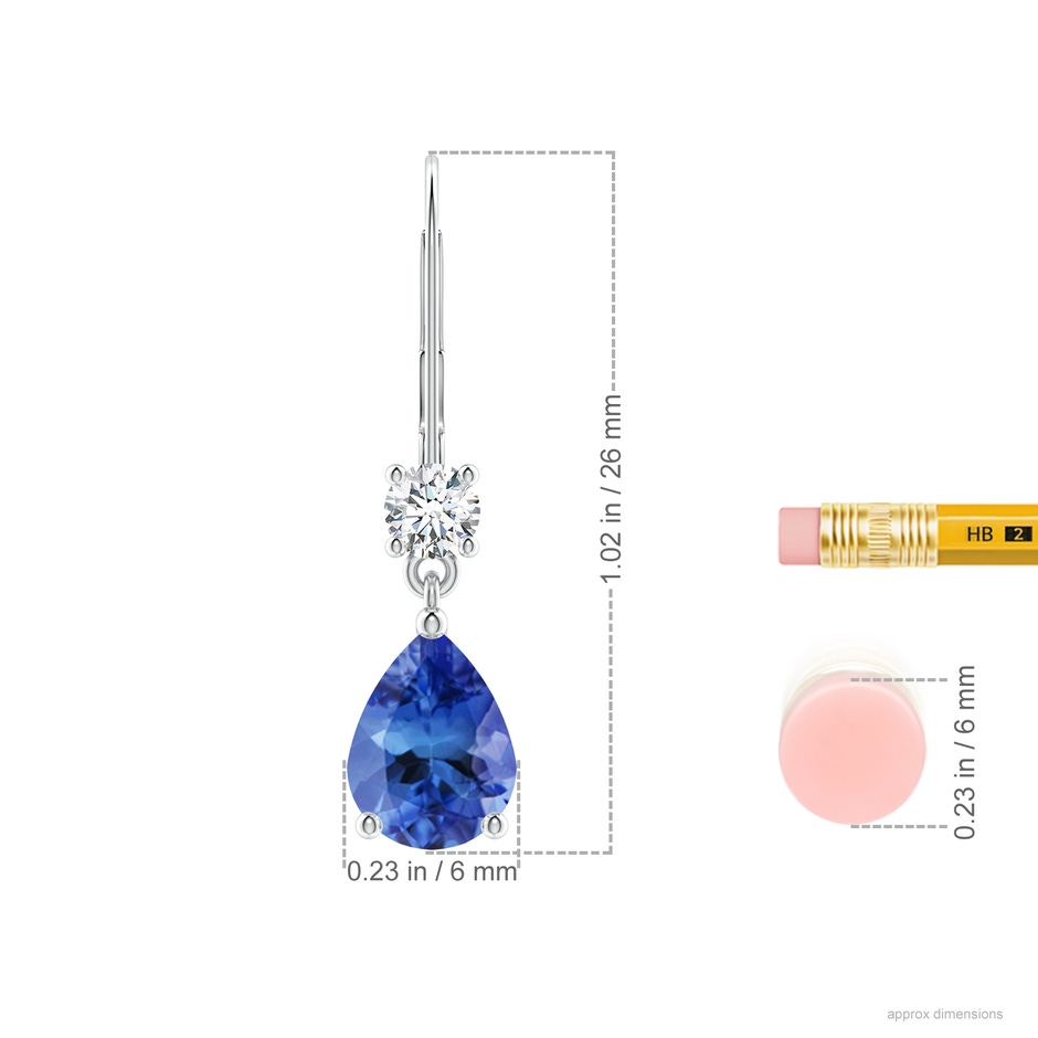 8x6mm AA Pear Tanzanite Leverback Drop Earrings with Diamond in White Gold ruler