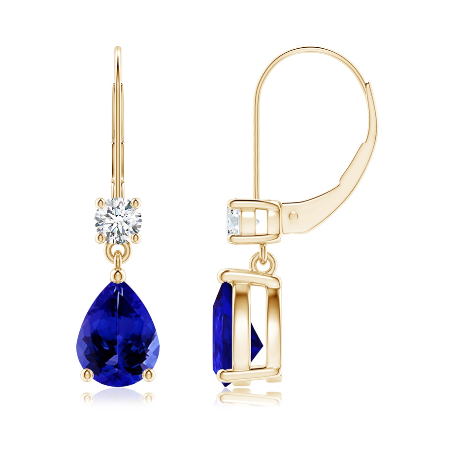 8x6mm AAAA Pear Tanzanite Leverback Drop Earrings with Diamond in Yellow Gold 