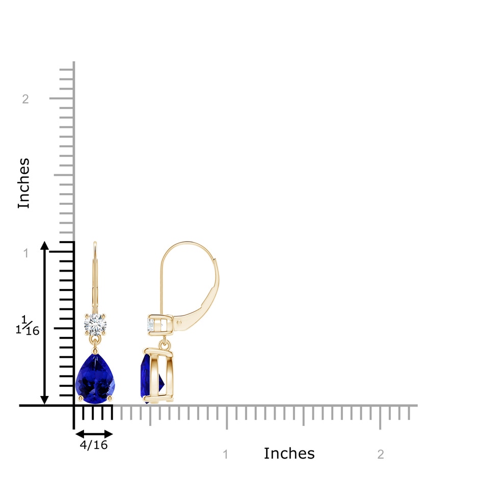 8x6mm AAAA Pear Tanzanite Leverback Drop Earrings with Diamond in Yellow Gold ruler
