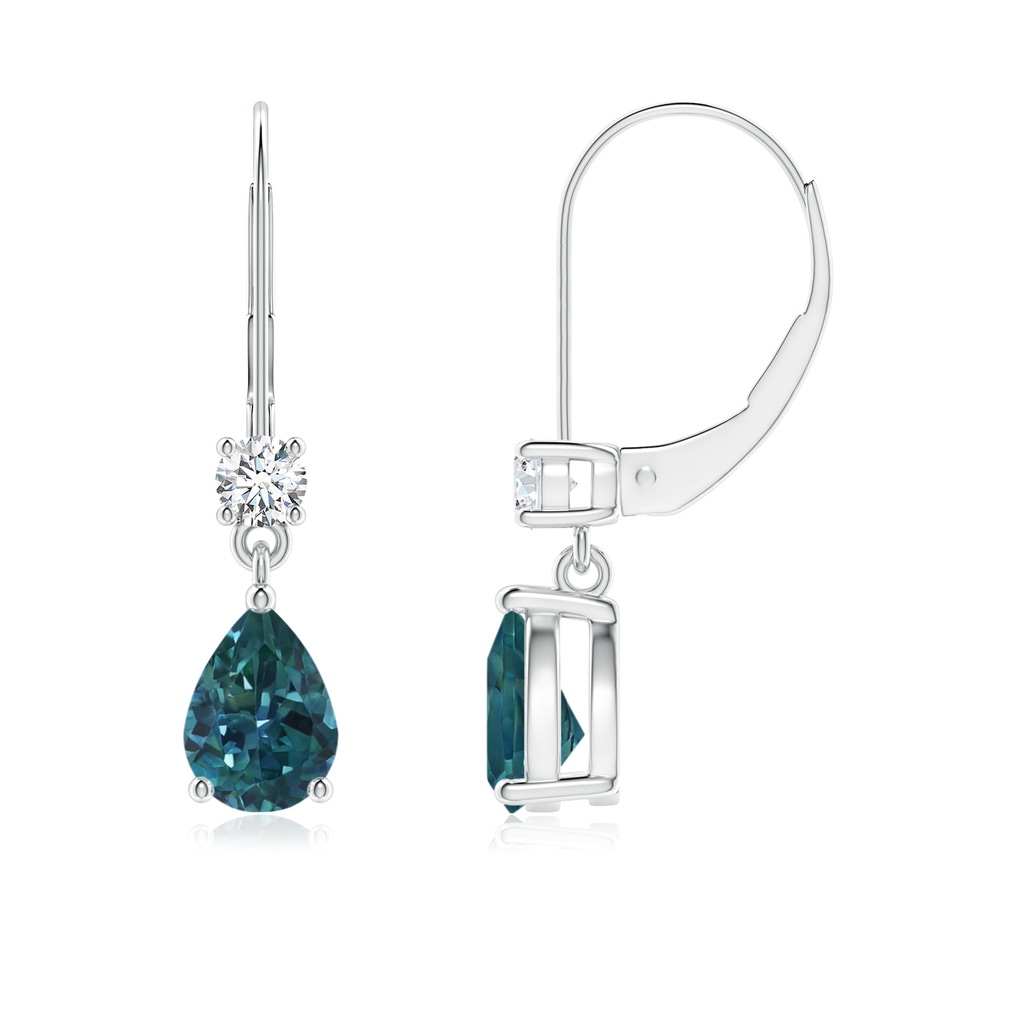 7x5mm AAA Pear Teal Montana Sapphire Leverback Earrings with Diamond in White Gold