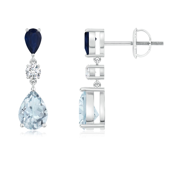 7x5mm A Pear Blue Sapphire and Aquamarine Drop Earrings in White Gold 
