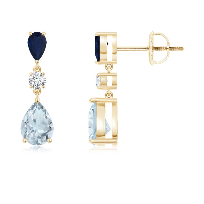 7x5mm A Pear Blue Sapphire and Aquamarine Drop Earrings in Yellow Gold 