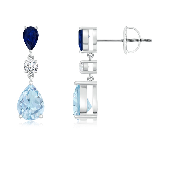 7x5mm AA Pear Blue Sapphire and Aquamarine Drop Earrings in White Gold 