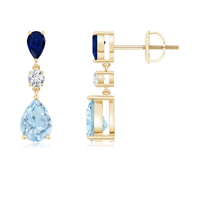 7x5mm AA Pear Blue Sapphire and Aquamarine Drop Earrings in Yellow Gold 