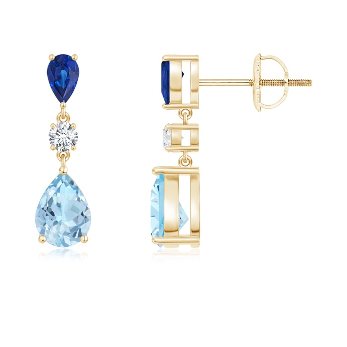 7x5mm AAA Pear Blue Sapphire and Aquamarine Drop Earrings in Yellow Gold 