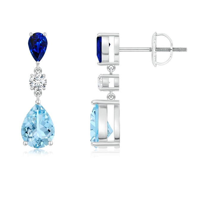 7x5mm AAAA Pear Blue Sapphire and Aquamarine Drop Earrings in White Gold 