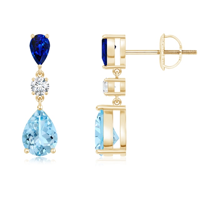 7x5mm AAAA Pear Blue Sapphire and Aquamarine Drop Earrings in Yellow Gold