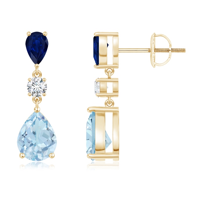 8x6mm AA Pear Blue Sapphire and Aquamarine Drop Earrings in Yellow Gold 