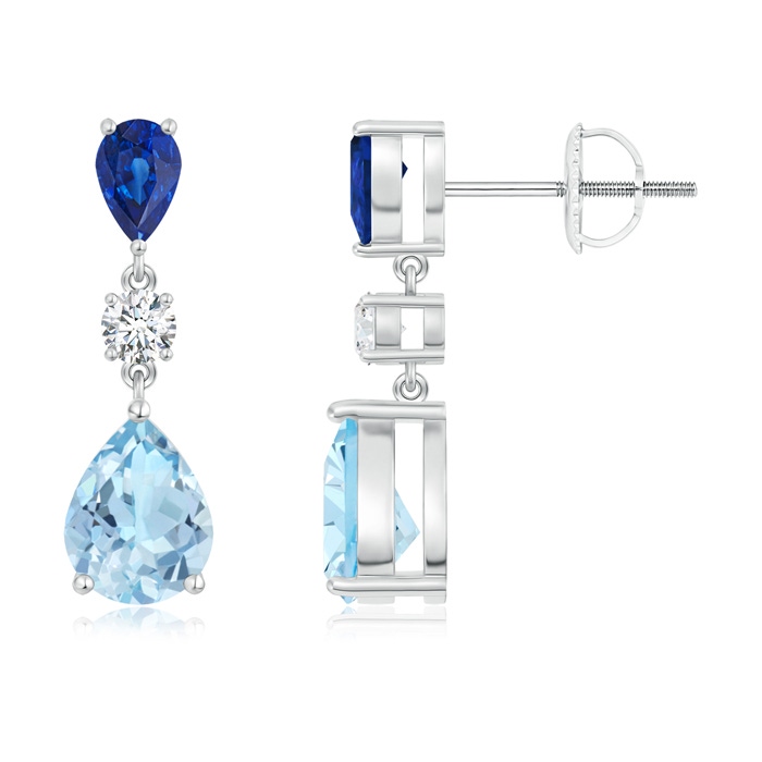 8x6mm AAA Pear Blue Sapphire and Aquamarine Drop Earrings in White Gold 