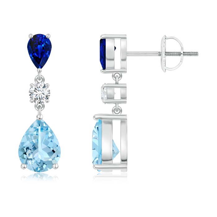 8x6mm AAAA Pear Blue Sapphire and Aquamarine Drop Earrings in P950 Platinum 