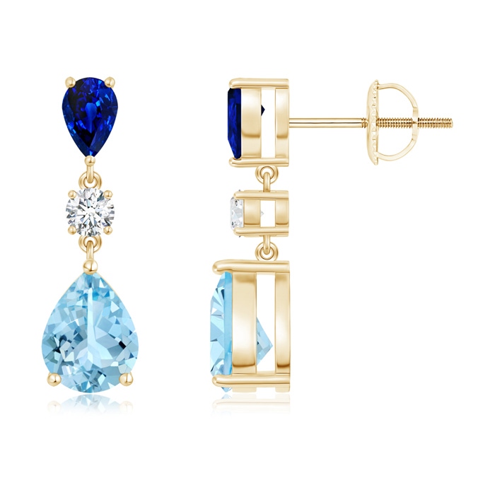 8x6mm AAAA Pear Blue Sapphire and Aquamarine Drop Earrings in Yellow Gold 