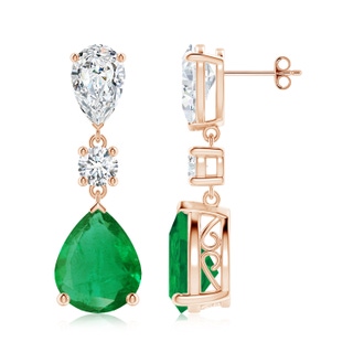 12x10mm AA Pear Emerald and Diamond Drop Earrings in Rose Gold