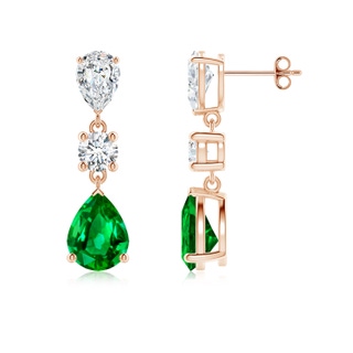 9x7mm AAAA Pear Emerald and Diamond Drop Earrings in Rose Gold