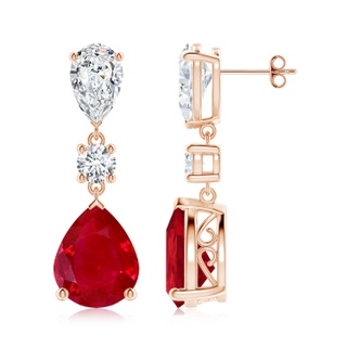 12x10mm AAA Pear Ruby and Diamond Drop Earrings in Rose Gold