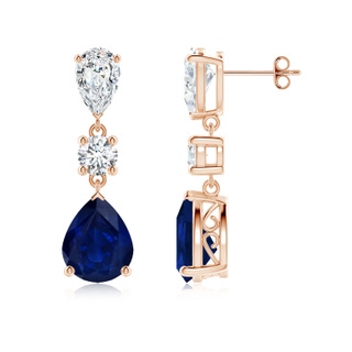 10x8mm AA Pear Blue Sapphire and Diamond Drop Earrings in 9K Rose Gold