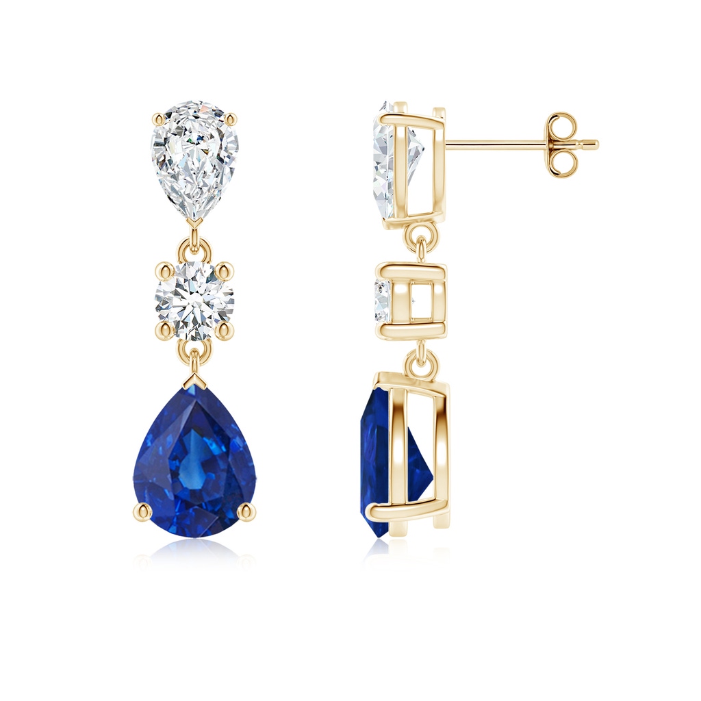 9x7mm AAA Pear Blue Sapphire and Diamond Drop Earrings in Yellow Gold