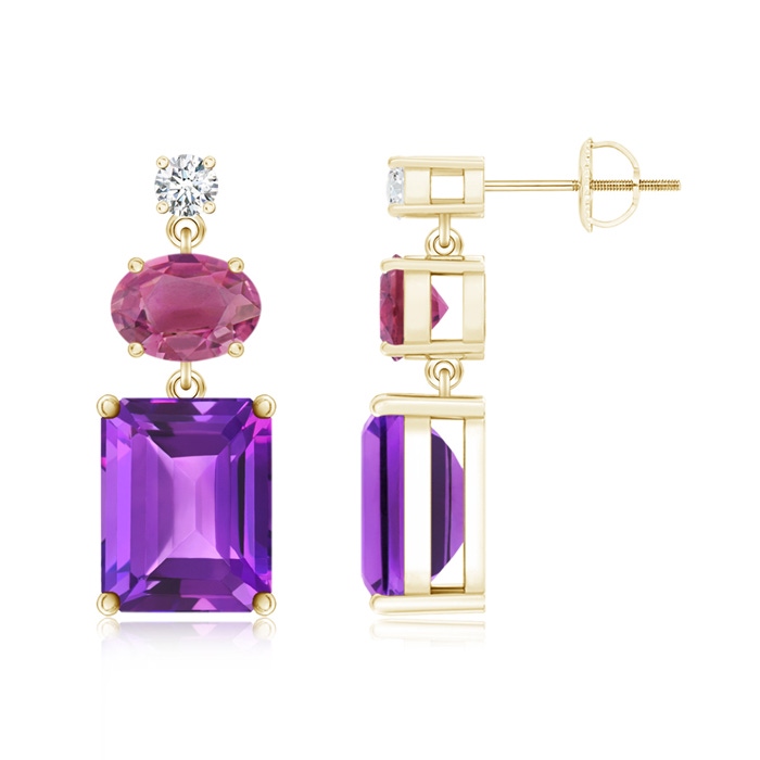 10x8mm AAA Amethyst, Pink Tourmaline and Diamond Dangle Earrings in Yellow Gold