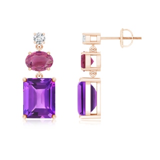 9x7mm AAA Amethyst, Pink Tourmaline and Diamond Dangle Earrings in 9K Rose Gold