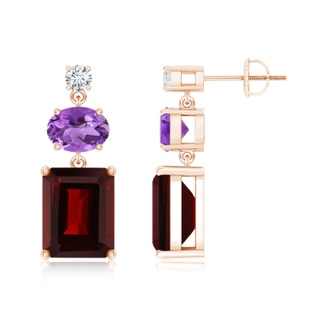 10x8mm AA Garnet, Amethyst and Diamond Dangle Earrings in Rose Gold