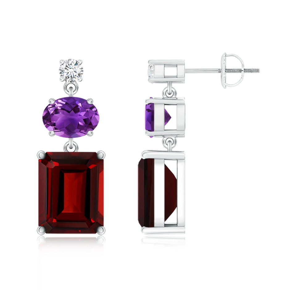 10x8mm AAAA Garnet, Amethyst and Diamond Dangle Earrings in White Gold 