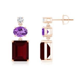 9x7mm AA Garnet, Amethyst and Diamond Dangle Earrings in 10K Rose Gold