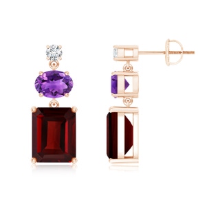 9x7mm AAA Garnet, Amethyst and Diamond Dangle Earrings in Rose Gold