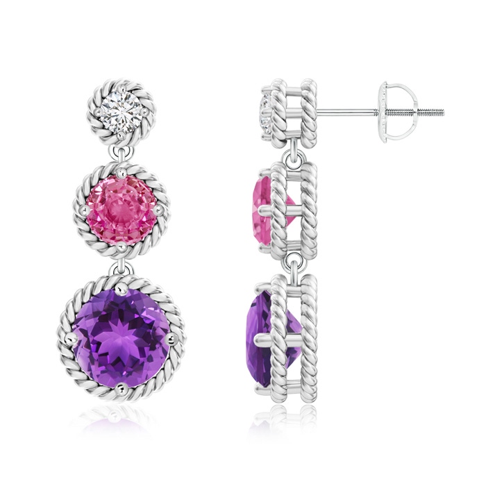 7mm AAA Round Diamond, Pink Sapphire & Amethyst Journey Earrings in White Gold