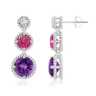 7mm AAAA Round Diamond, Pink Sapphire & Amethyst Journey Earrings in White Gold