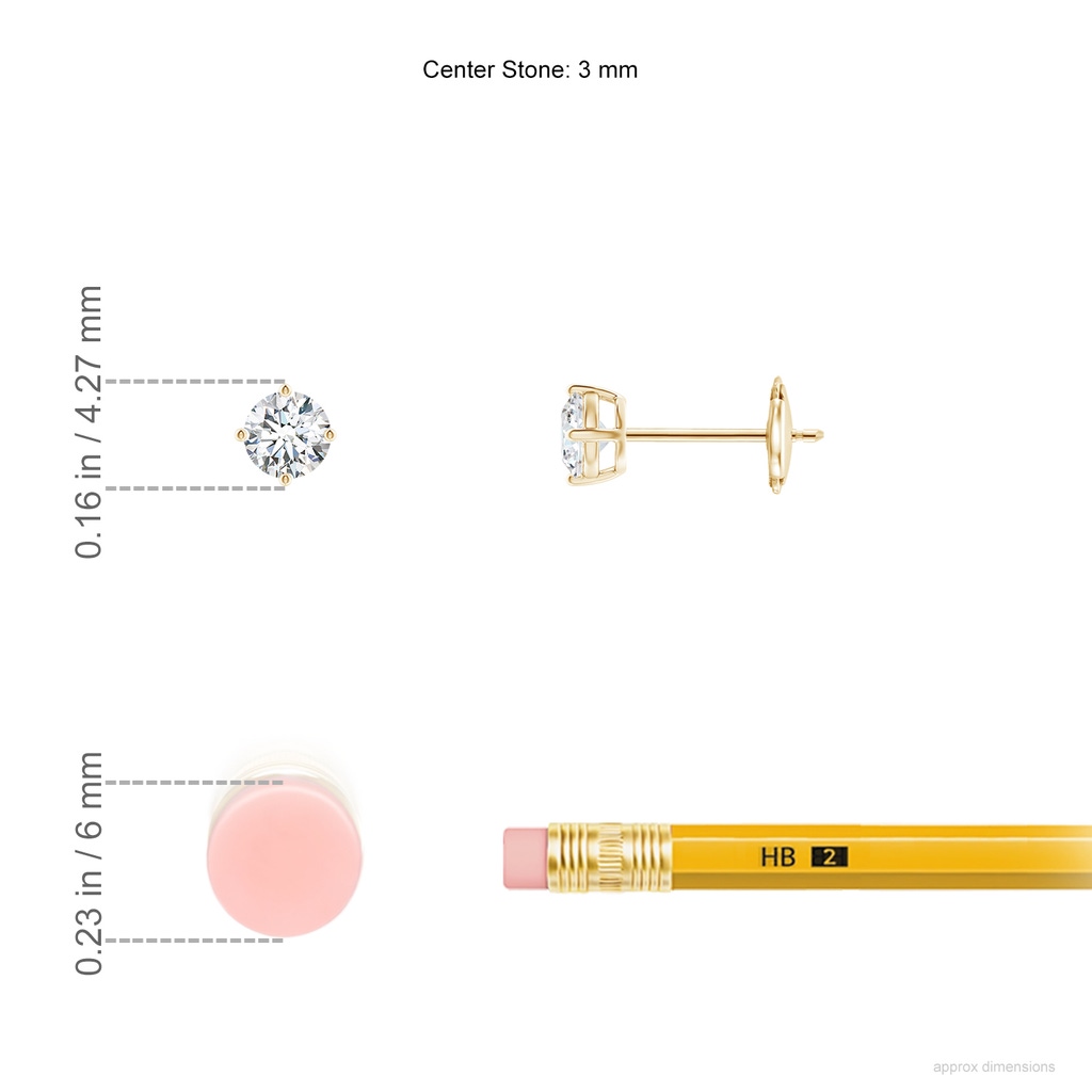 3mm GVS2 Basket-Set Solitaire Diamond Stud Earrings in Yellow Gold ruler