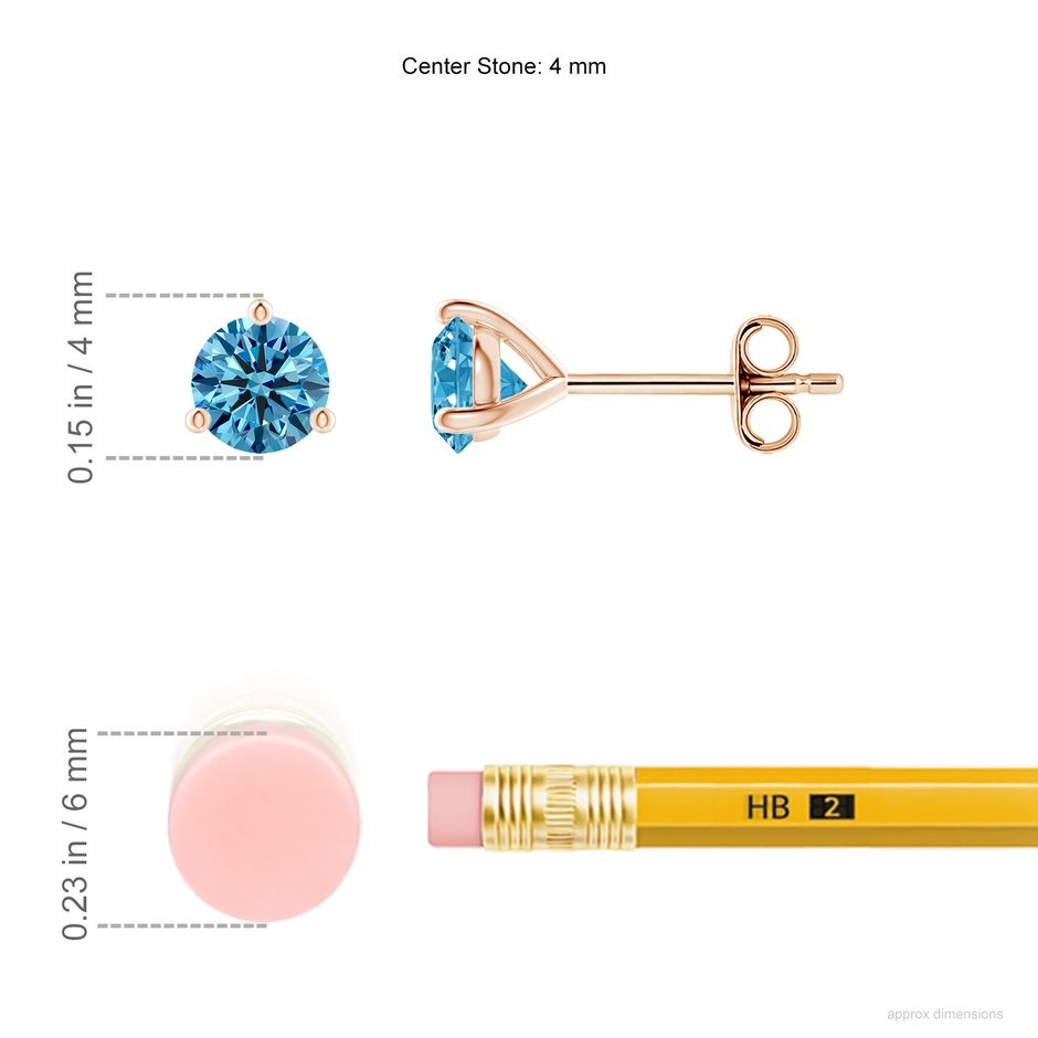 4mm AAAA Prong-Set Round Fancy Intense Blue Diamond Martini Stud Earrings in Rose Gold ruler