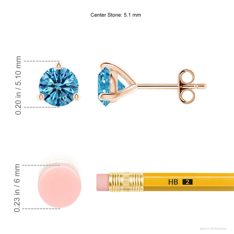 5.1mm AAAA Prong-Set Round Fancy Intense Blue Diamond Martini Stud Earrings in Rose Gold ruler