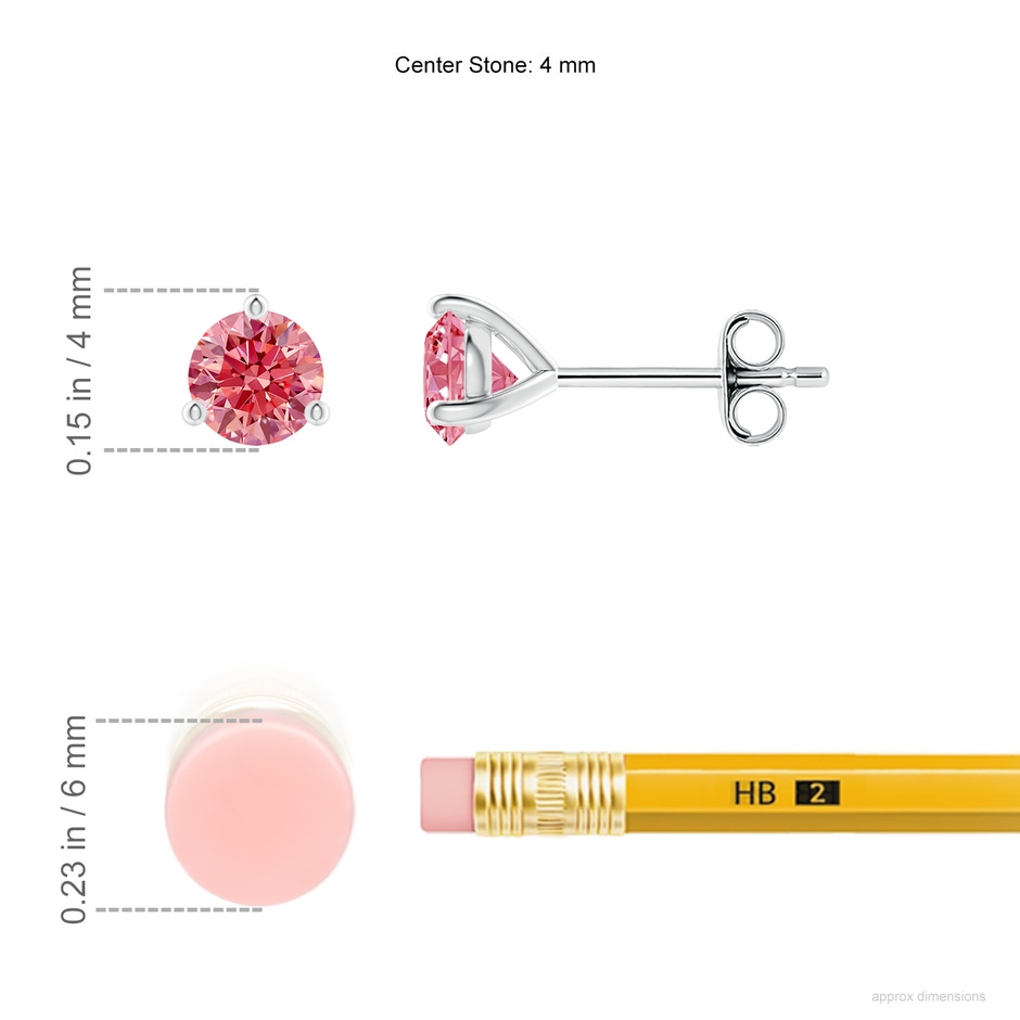 4mm AAAA Prong-Set Round Fancy Intense Pink Diamond Martini Stud Earrings in P950 Platinum ruler