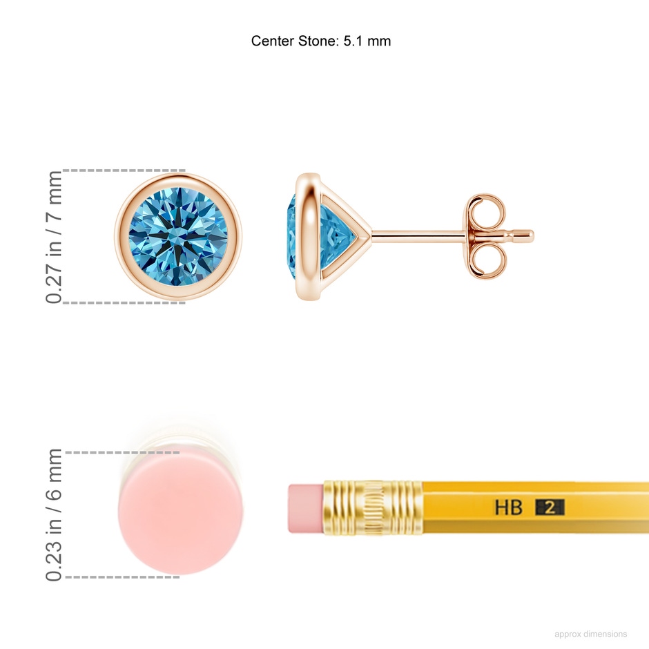 5.1mm AAAA Bezel-Set Fancy Intense Blue Diamond Martini Stud Earrings in Rose Gold ruler